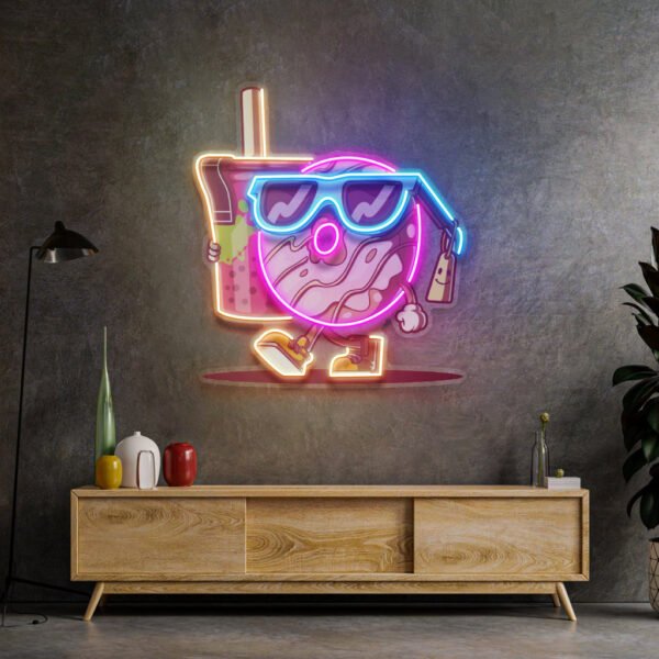 Cool Donut Holding a Tea Cup LED Neon Sign Light Pop Art - Image 2